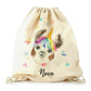 Personalised Canvas Drawstring Backpack with Alpaca Unicorn with Rainbow Hair Hearts Stars and Cute Text