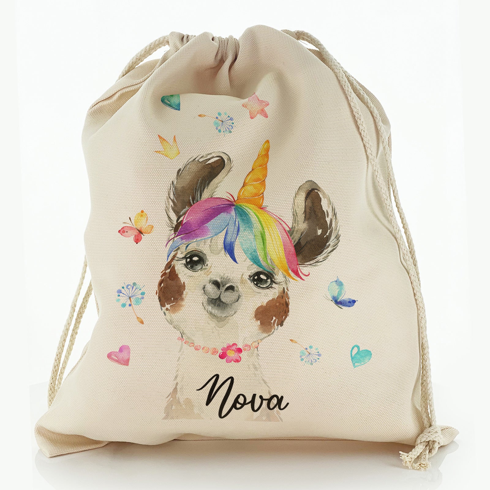Personalised Canvas Sack with Alpaca Unicorn with Rainbow Hair Hearts Stars and Cute Text