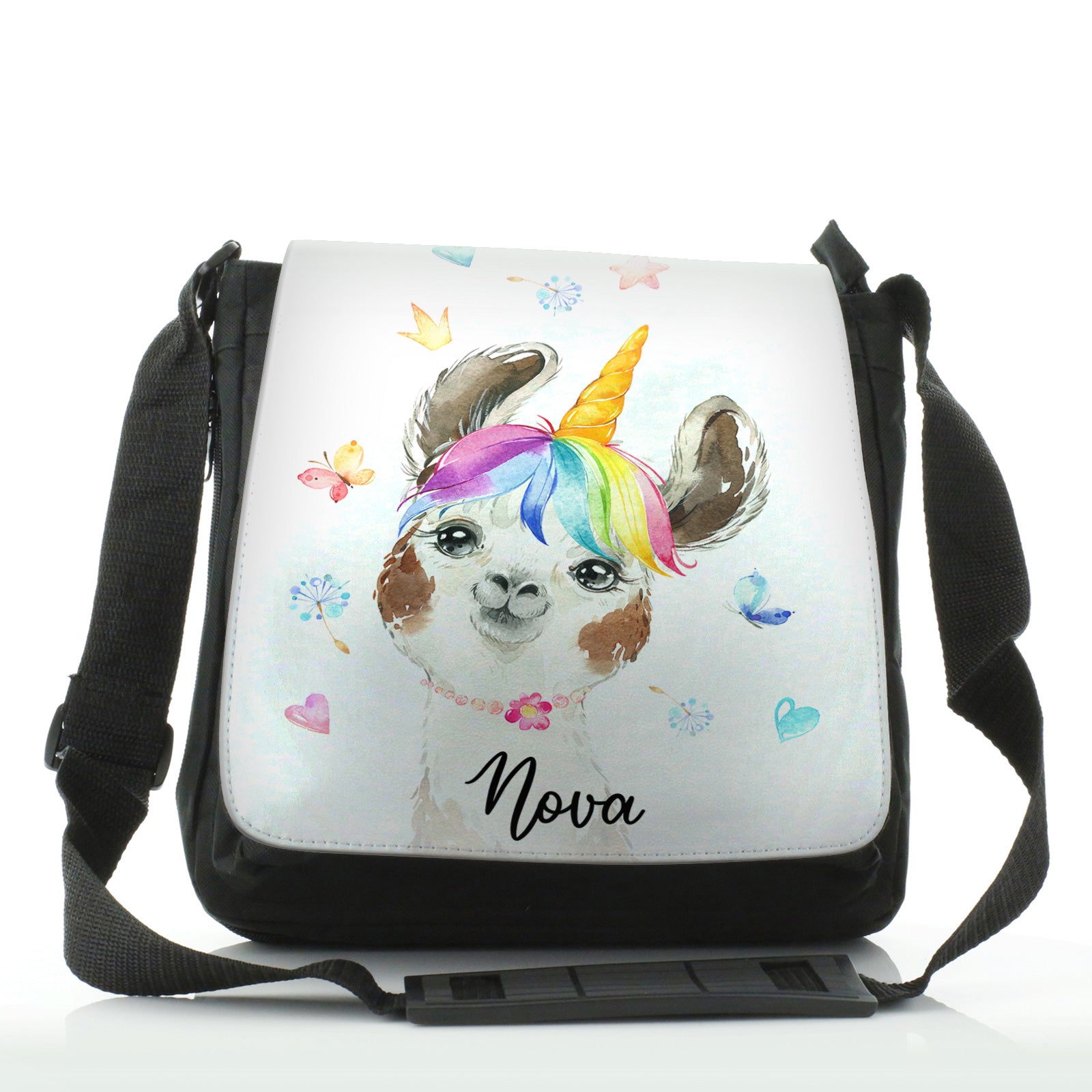 Personalised Shoulder Bag with Alpaca Unicorn with Rainbow Hair Hearts Stars and Cute Text