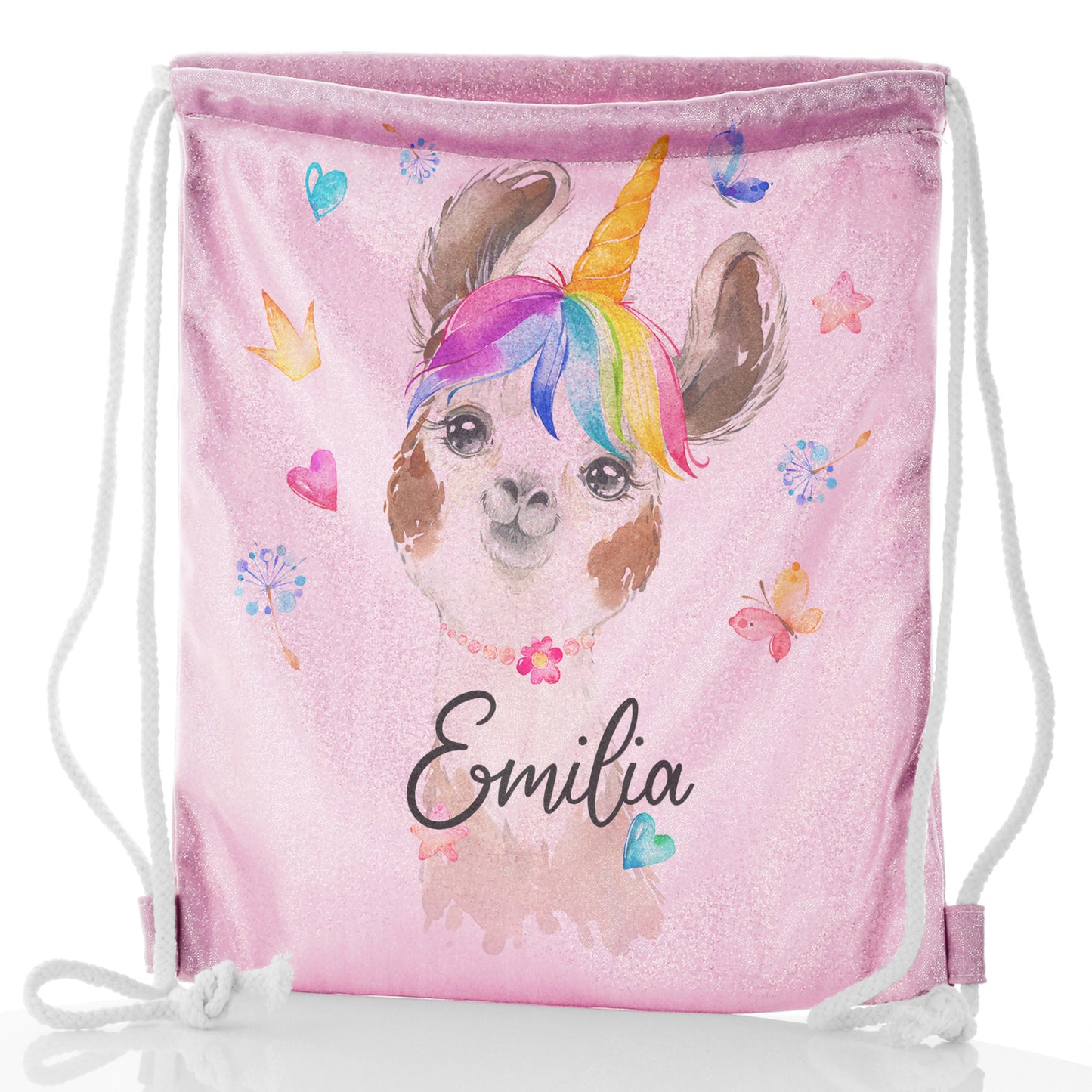 Personalised Glitter Drawstring Backpack with Alpaca Unicorn with Rainbow Hair Hearts Stars and Cute Text