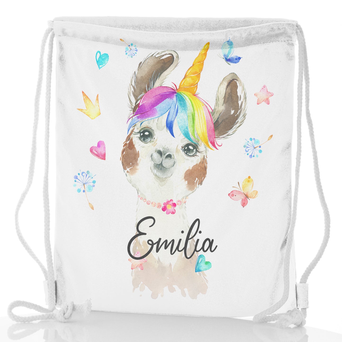 Personalised Glitter Drawstring Backpack with Alpaca Unicorn with Rainbow Hair Hearts Stars and Cute Text