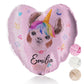 Personalised Glitter Heart Cushion with Alpaca Unicorn with Rainbow Hair Hearts Stars and Cute Text