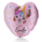 Personalised Glitter Heart Cushion with Alpaca Unicorn with Rainbow Hair Hearts Stars and Cute Text