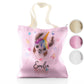 Personalised Glitter Tote Bag with Alpaca Unicorn with Rainbow Hair Hearts Stars and Cute Text