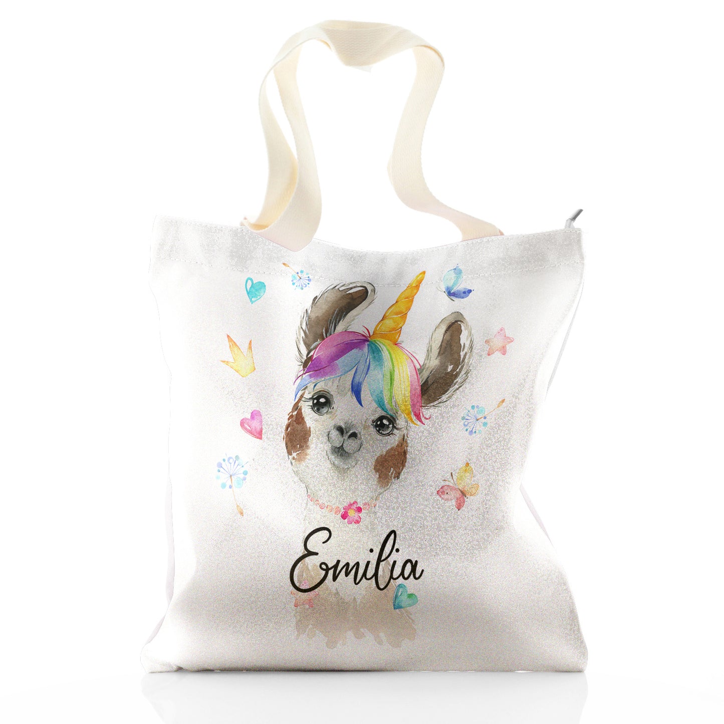 Personalised Glitter Tote Bag with Alpaca Unicorn with Rainbow Hair Hearts Stars and Cute Text