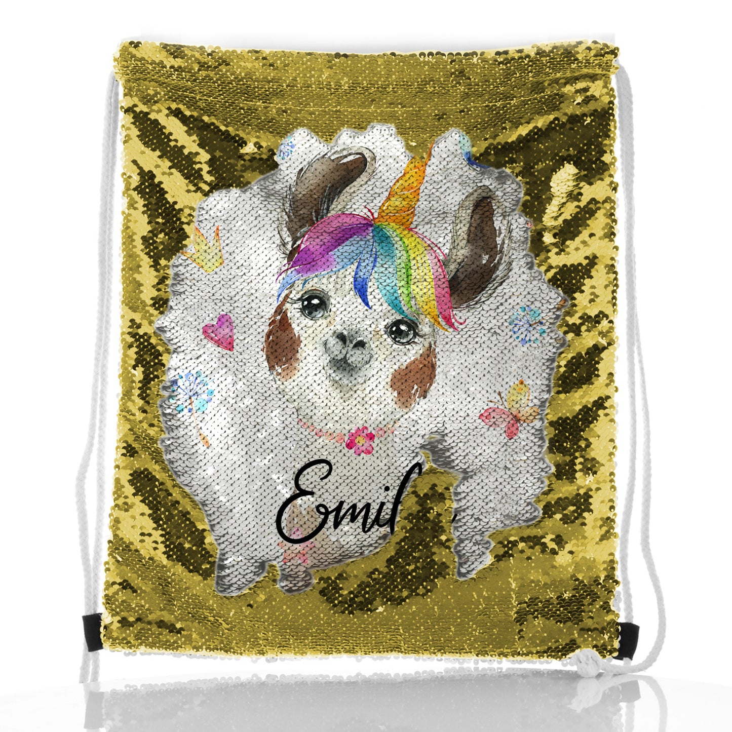 Personalised Sequin Drawstring Backpack with Alpaca Unicorn with Rainbow Hair Hearts Stars and Cute Text