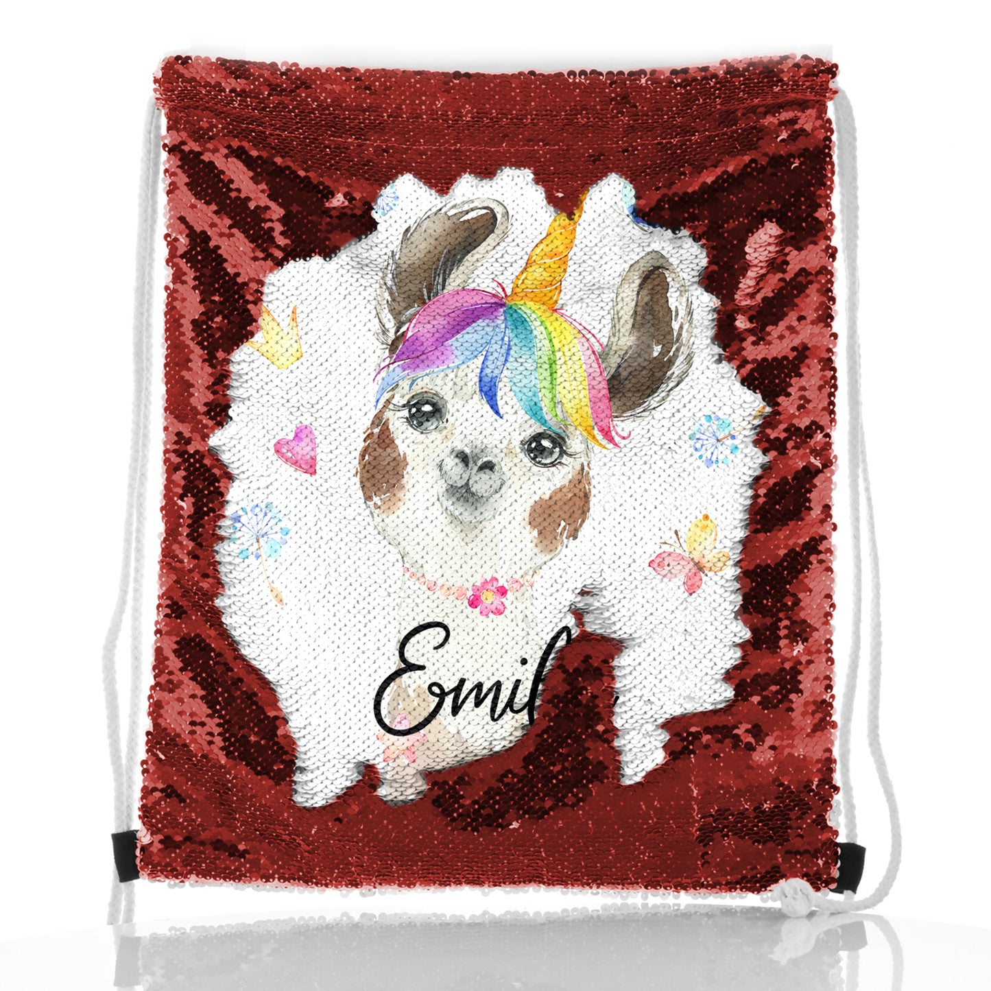Personalised Sequin Drawstring Backpack with Alpaca Unicorn with Rainbow Hair Hearts Stars and Cute Text