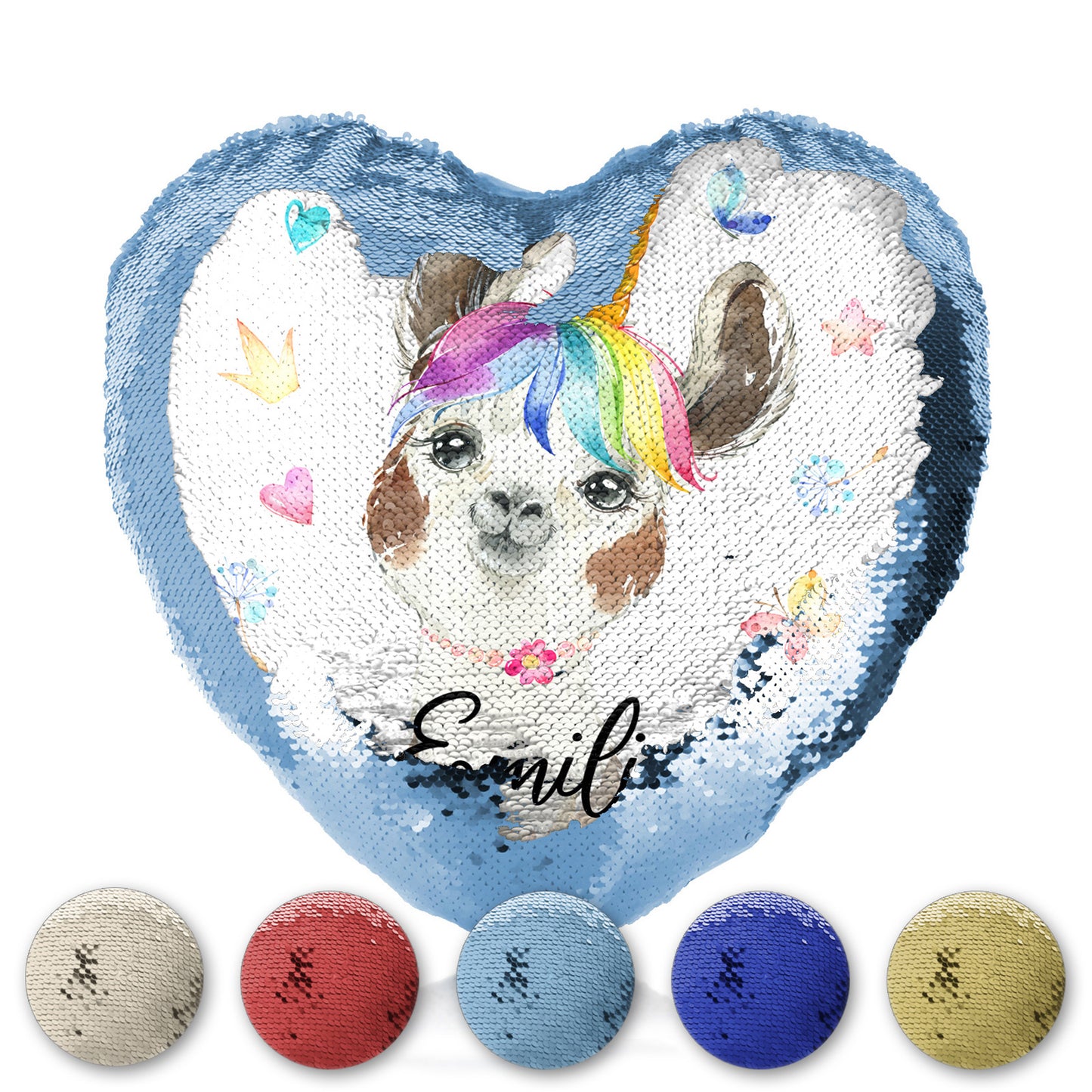 Personalised Sequin Heart Cushion with Alpaca Unicorn with Rainbow Hair Hearts Stars and Cute Text