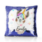 Personalised Sequin Cushion with Alpaca Unicorn with Rainbow Hair Hearts Stars and Cute Text