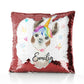 Personalised Sequin Cushion with Alpaca Unicorn with Rainbow Hair Hearts Stars and Cute Text