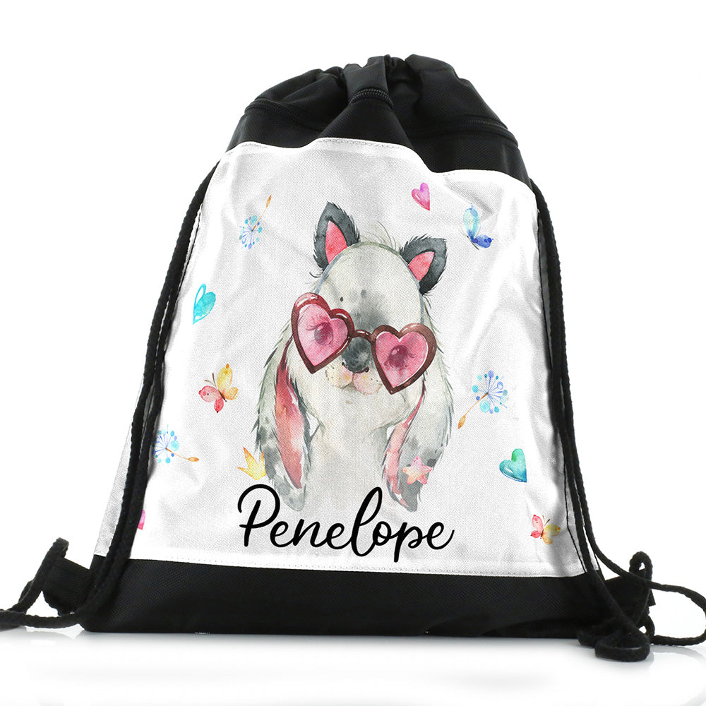 Personalised Rabbit with Cat Ears and Name Black Drawstring Backpack