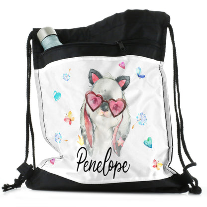 Personalised Rabbit with Cat Ears and Name Black Drawstring Backpack