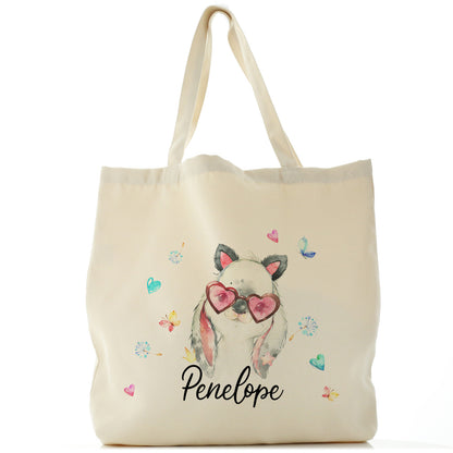 Personalised Canvas Tote Bag with Grey Rabbit with Cat ears and Pink Heart Glasses and Cute Text