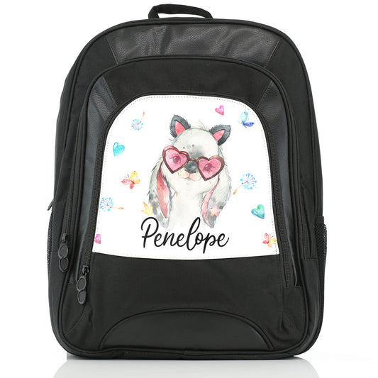Personalised Large Multifunction Backpack with Grey Rabbit with Cat ears and Pink Heart Glasses and Cute Text