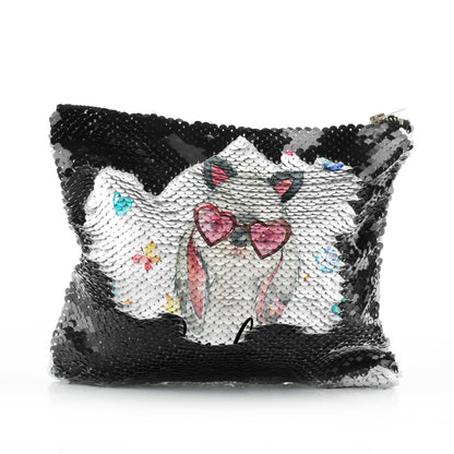 Personalisierte Pailletten-Reißverschlusstasche mit grauem Hasen mit Katzenohren und rosa Herzbrille und süßem Text