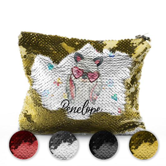 Personalised Sequin Zip Bag with Grey Rabbit with Cat ears and Pink Heart Glasses and Cute Text