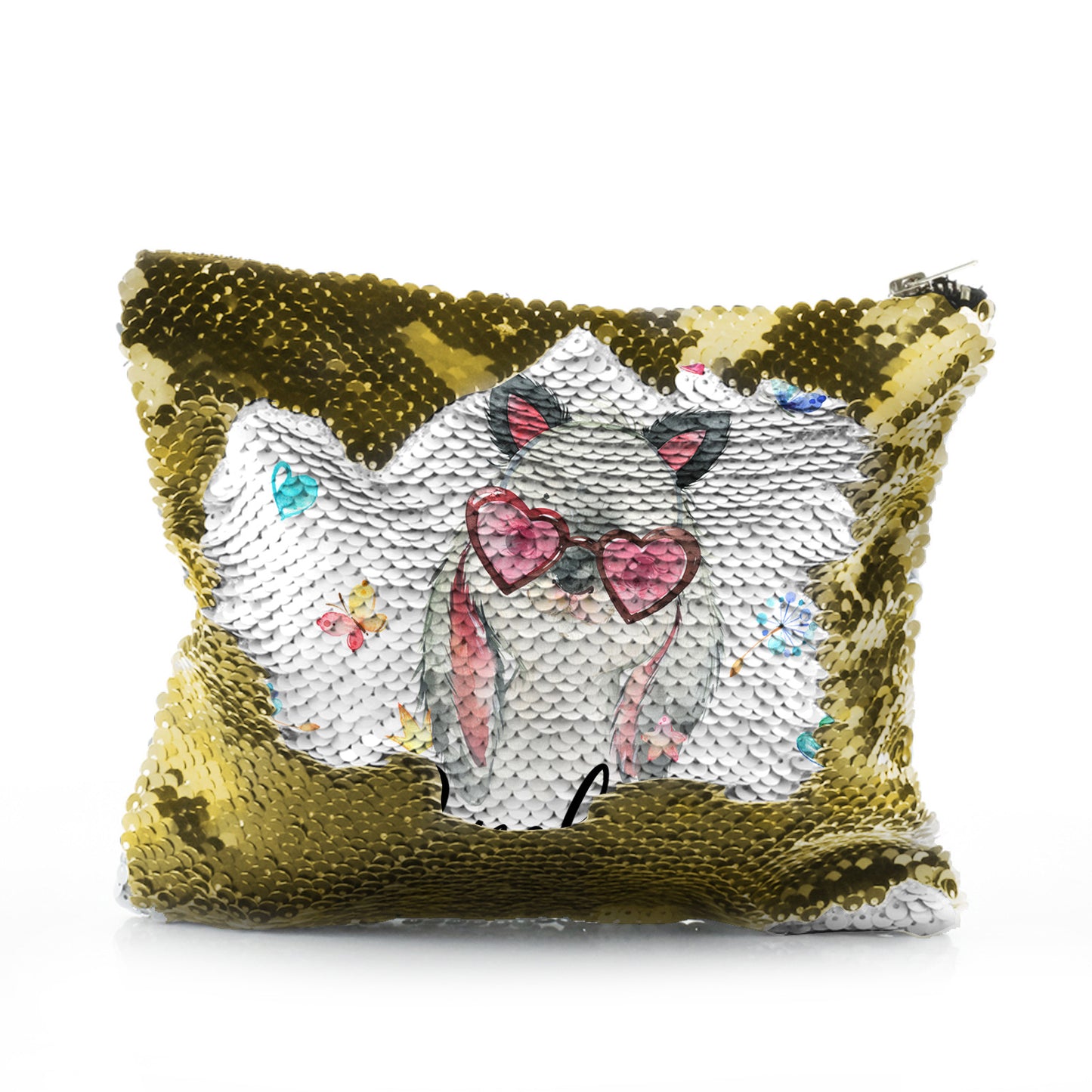 Personalisierte Pailletten-Reißverschlusstasche mit grauem Hasen mit Katzenohren und rosa Herzbrille und süßem Text
