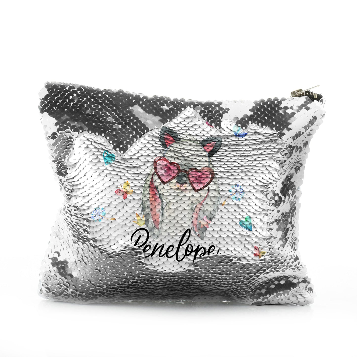 Personalised Sequin Zip Bag with Grey Rabbit with Cat ears and Pink Heart Glasses and Cute Text