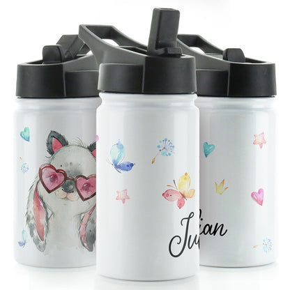 Personalised Grey Rabbit Cat ears and Name White Sports Flask