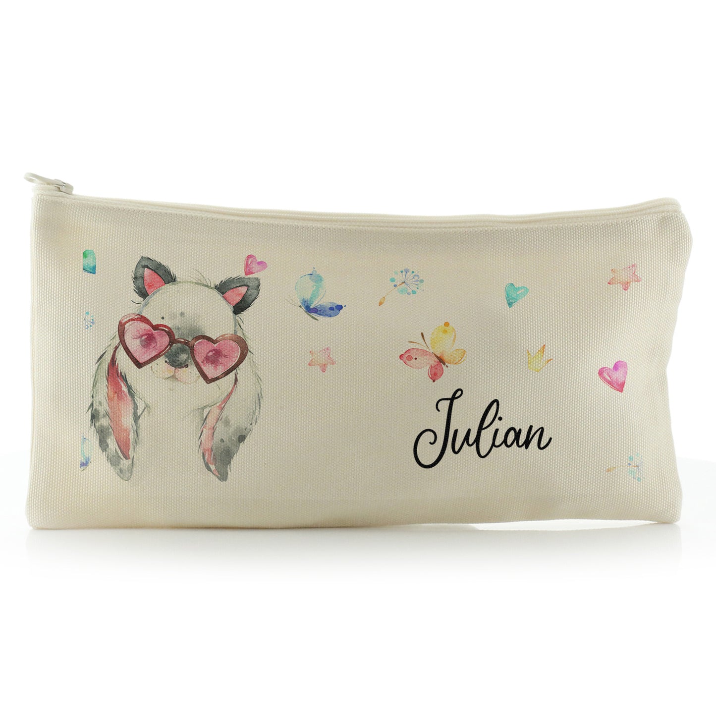 Personalised Canvas Zip Bag with Grey Rabbit with Cat ears and Pink Heart Glasses and Cute Text