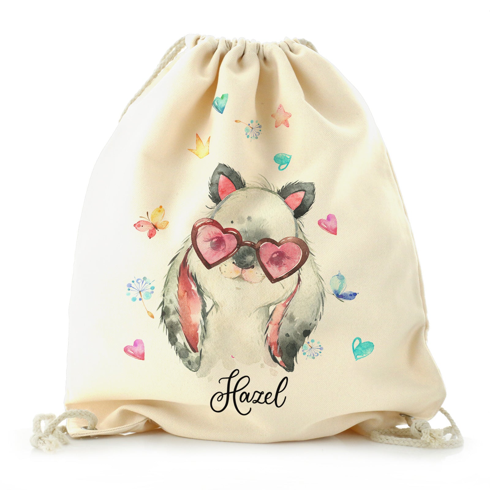 Personalised Canvas Drawstring Backpack with Grey Rabbit with Cat ears and Pink Heart Glasses and Cute Text