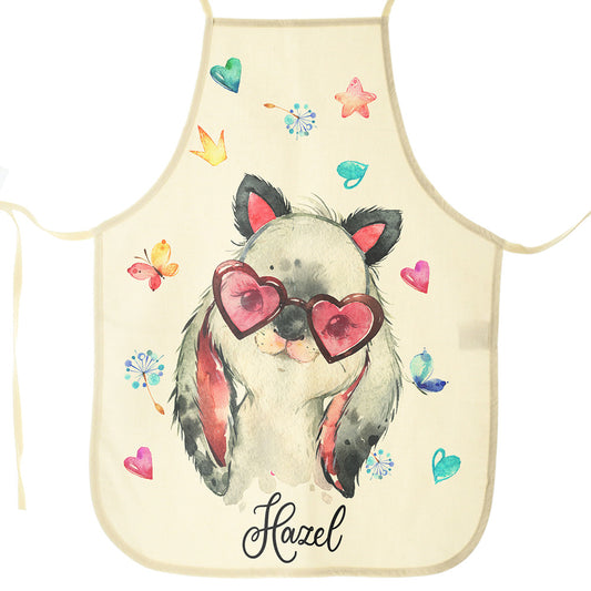 Personalisierte Canvas-Schürze mit Hase mit Katzenohren und Namensdesign