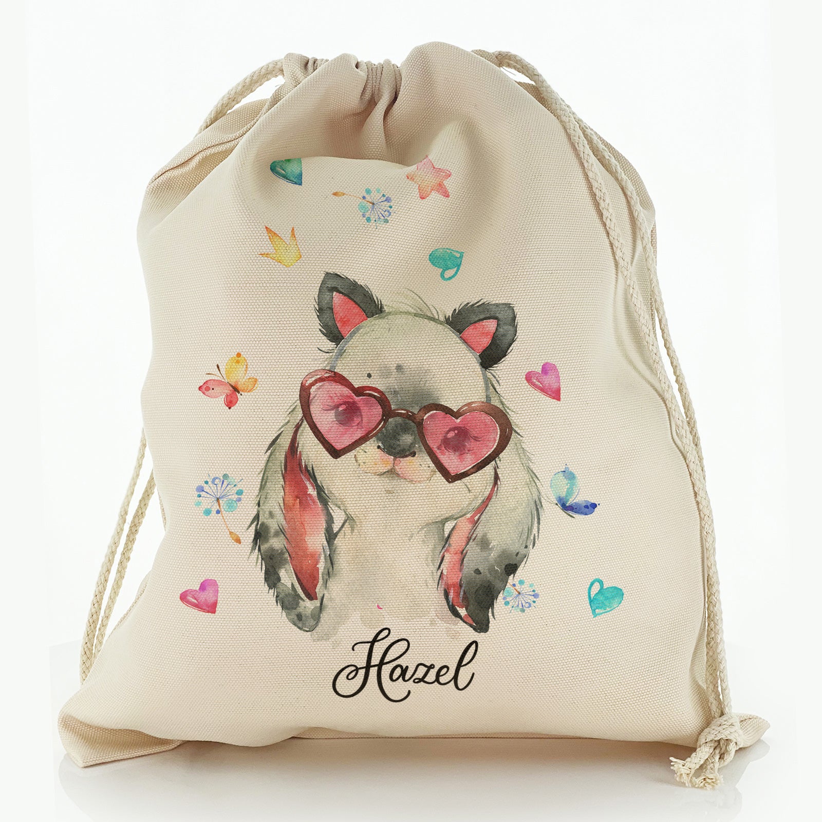 Personalised Canvas Sack with Grey Rabbit with Cat ears and Pink Heart Glasses and Cute Text