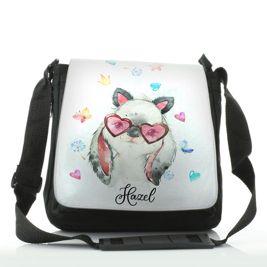 Personalised Shoulder Bag with Grey Rabbit with Cat ears and Pink Heart Glasses and Cute Text