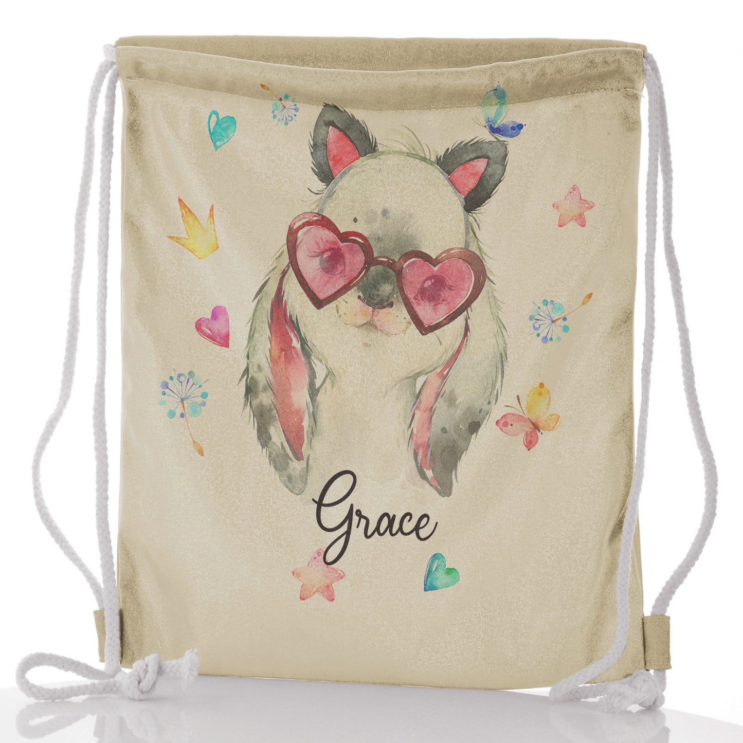 Personalisierter Glitzer-Rucksack mit Kordelzug, graues Kaninchen mit Katzenohren, rosa Herzbrille und niedlicher Text