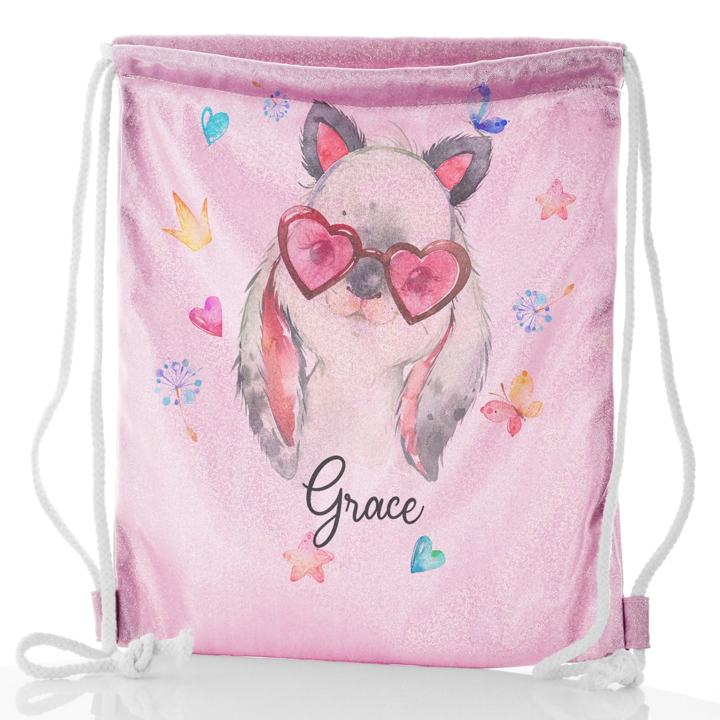 Personalised Glitter Drawstring Backpack with Grey Rabbit with Cat ears and Pink Heart Glasses and Cute Text
