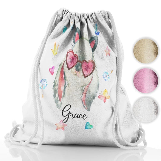Personalised Glitter Drawstring Backpack with Grey Rabbit with Cat ears and Pink Heart Glasses and Cute Text