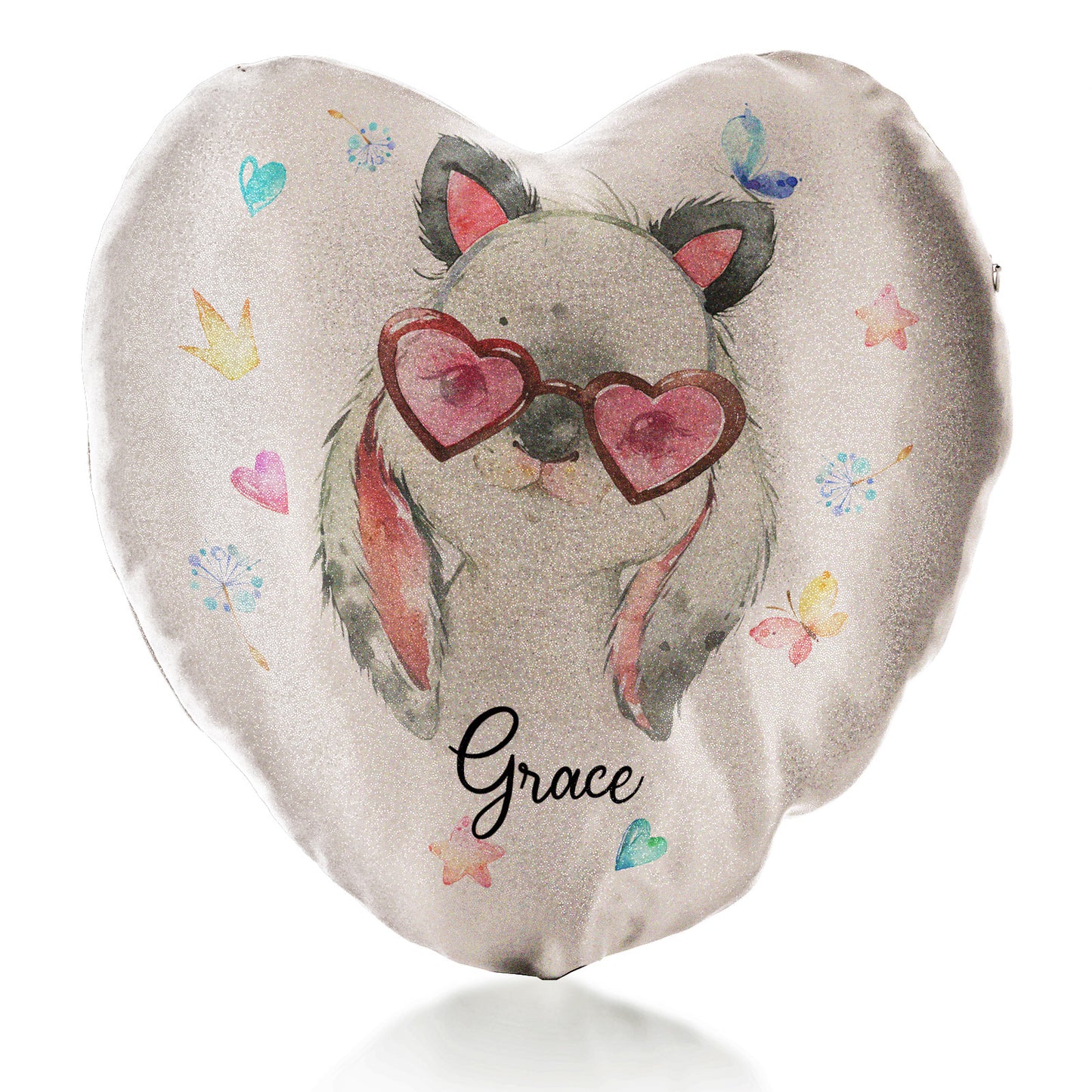 Personalisiertes Glitzer-Herzkissen mit grauem Kaninchen mit Katzenohren und rosa Herzbrille und süßem Text