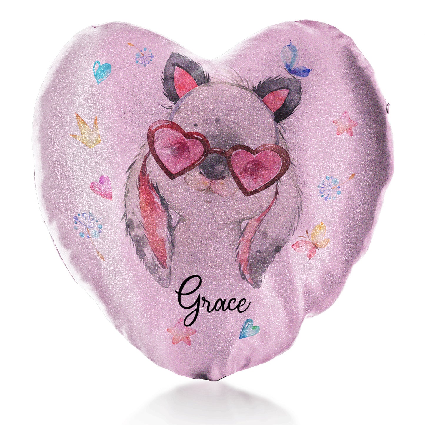 Personalised Glitter Heart Cushion with Grey Rabbit with Cat ears and Pink Heart Glasses and Cute Text