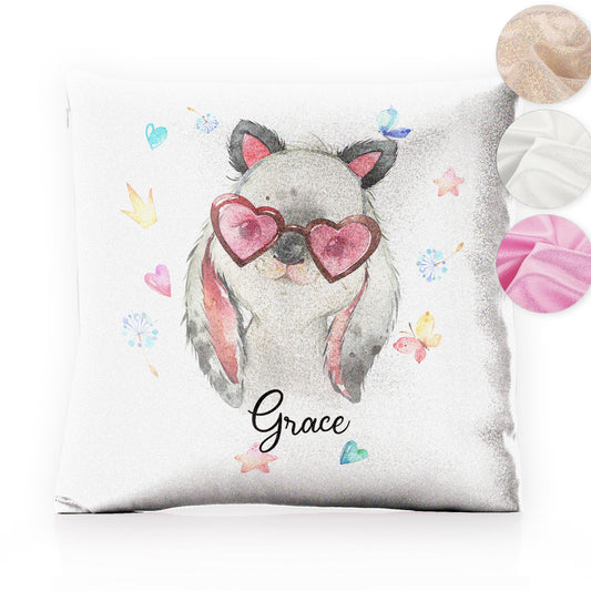 Personalised Glitter Cushion with Grey Rabbit with Cat ears and Pink Heart Glasses and Cute Text