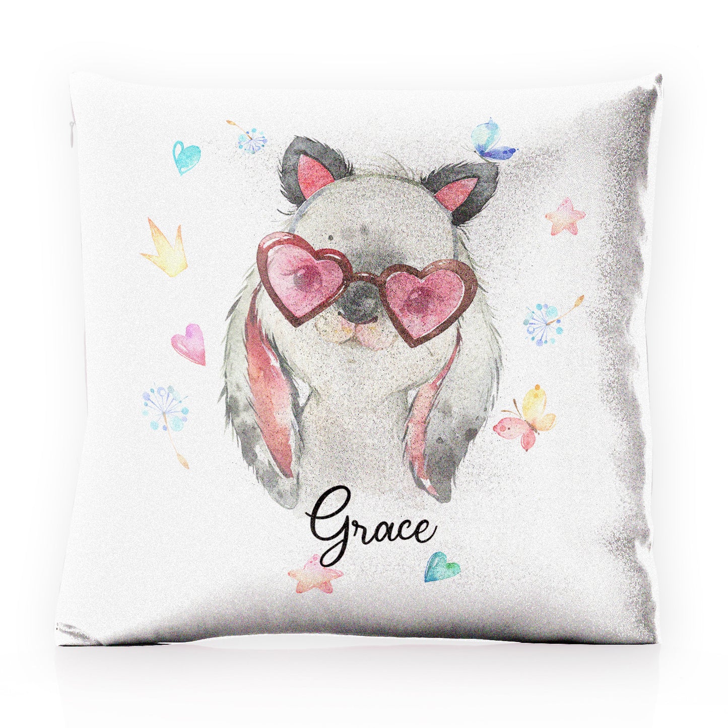 Personalised Glitter Cushion with Grey Rabbit with Cat ears and Pink Heart Glasses and Cute Text