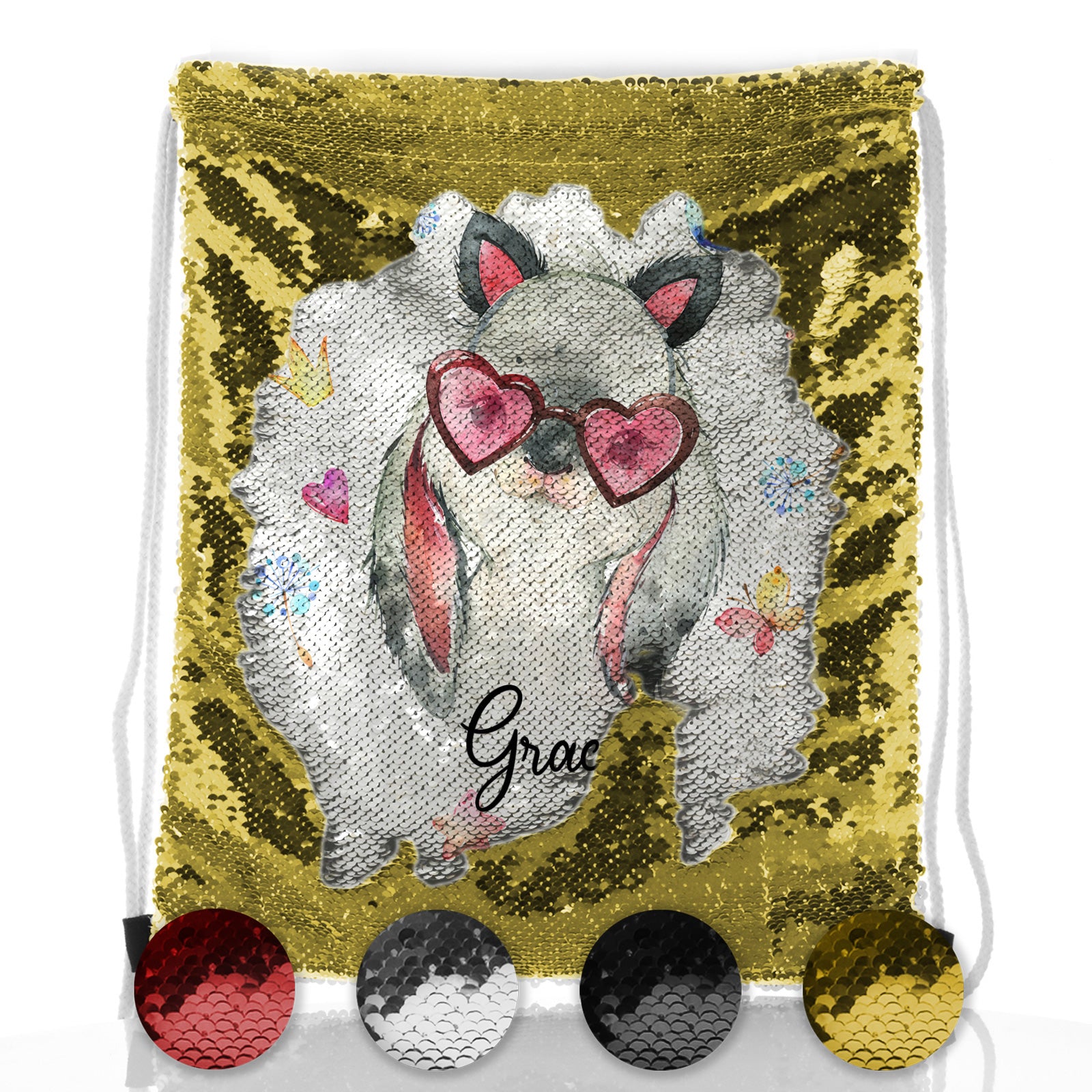 Personalised Sequin Drawstring Backpack with Grey Rabbit with Cat ears and Pink Heart Glasses and Cute Text