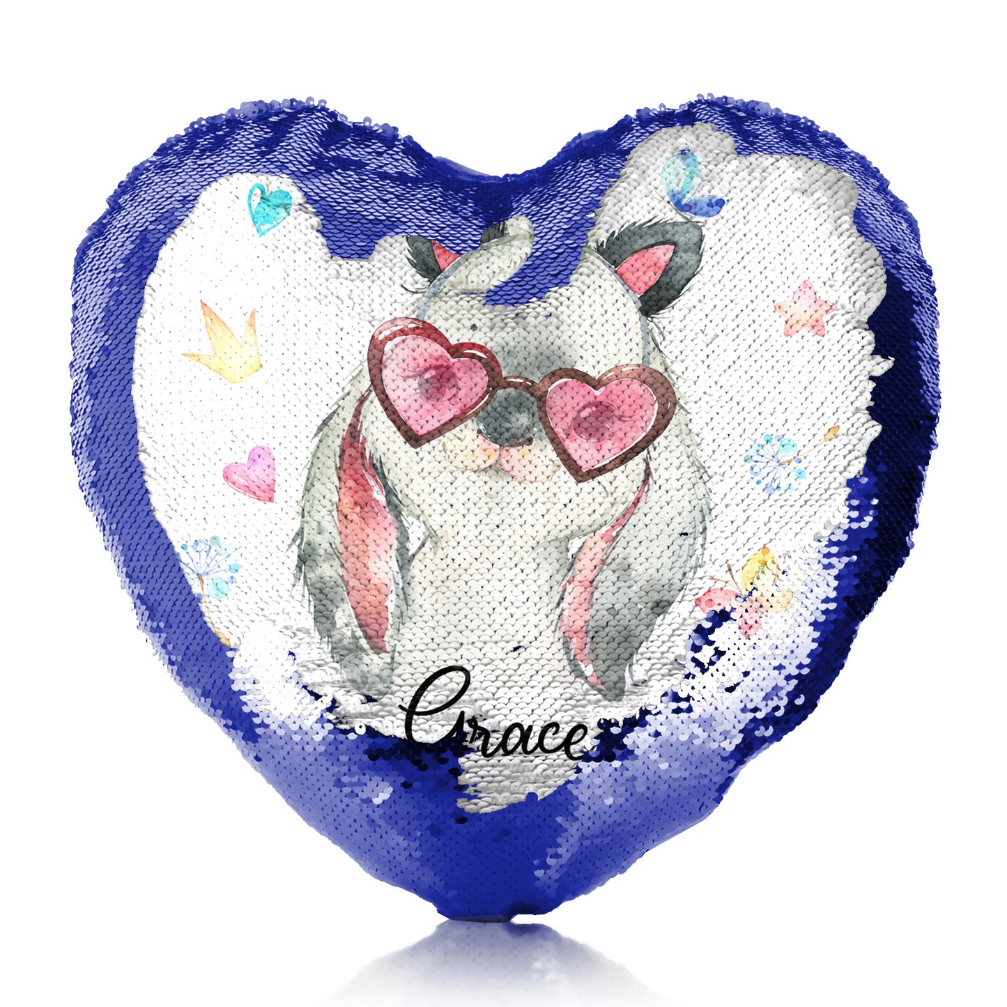 Personalised Sequin Heart Cushion with Grey Rabbit with Cat ears and Pink Heart Glasses and Cute Text