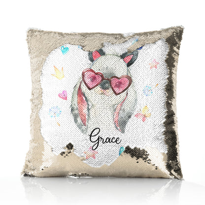 Personalised Sequin Cushion with Grey Rabbit with Cat ears and Pink Heart Glasses and Cute Text
