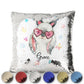 Personalised Sequin Cushion with Grey Rabbit with Cat ears and Pink Heart Glasses and Cute Text