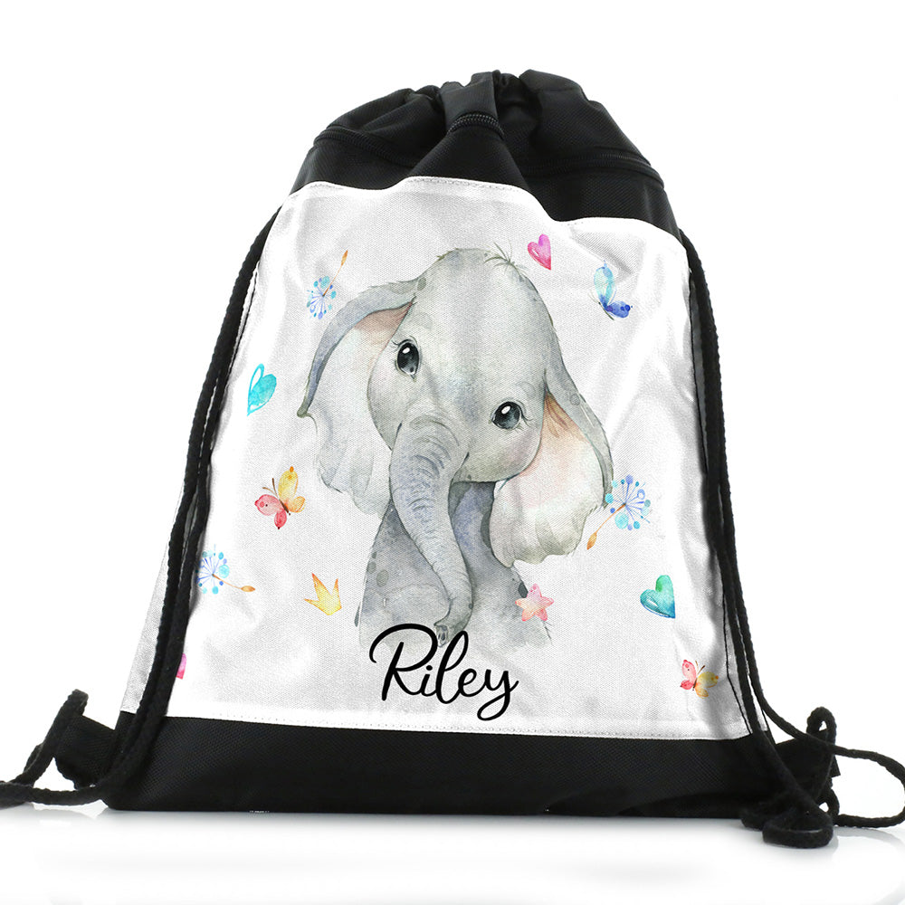 Personalised Elephant Hearts and Name Black Drawstring Backpack
