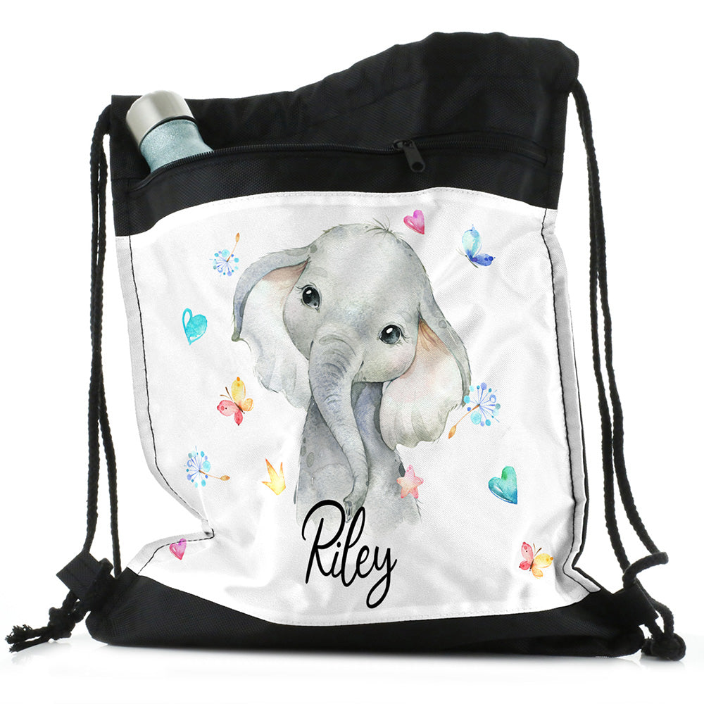 Personalised Elephant Hearts and Name Black Drawstring Backpack