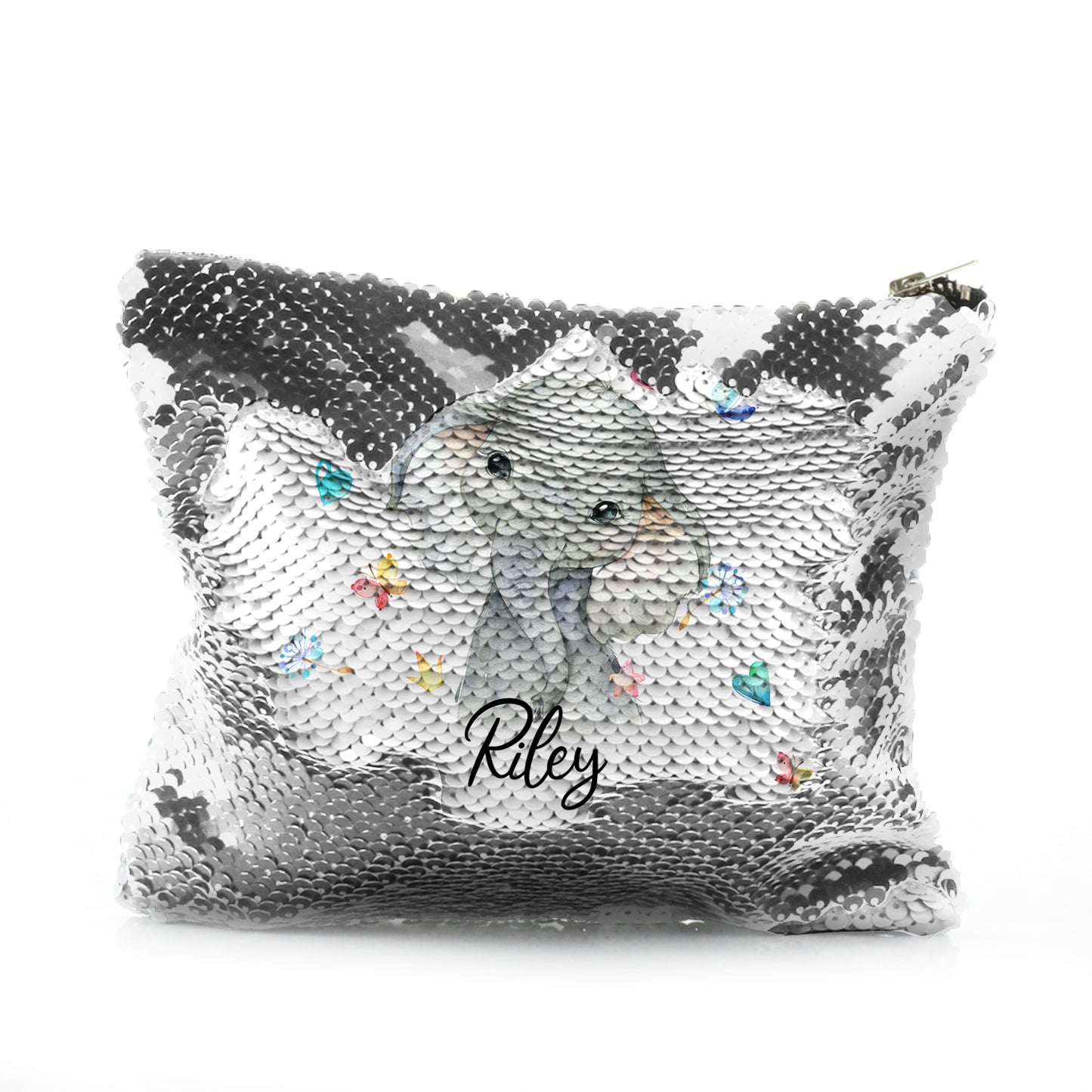 Personalisierte Pailletten-Reißverschlusstasche mit grauem Elefanten mit Herzen, Sternen, Kronen, Schmetterling und süßem Text