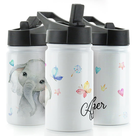 Personalised Elephant Hearts Star and Name White Sports Flask