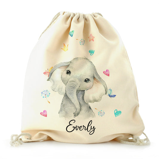 Personalised Canvas Drawstring Backpack with Grey Elephant with Hearts Stars Crowns Butterfly and Cute Text