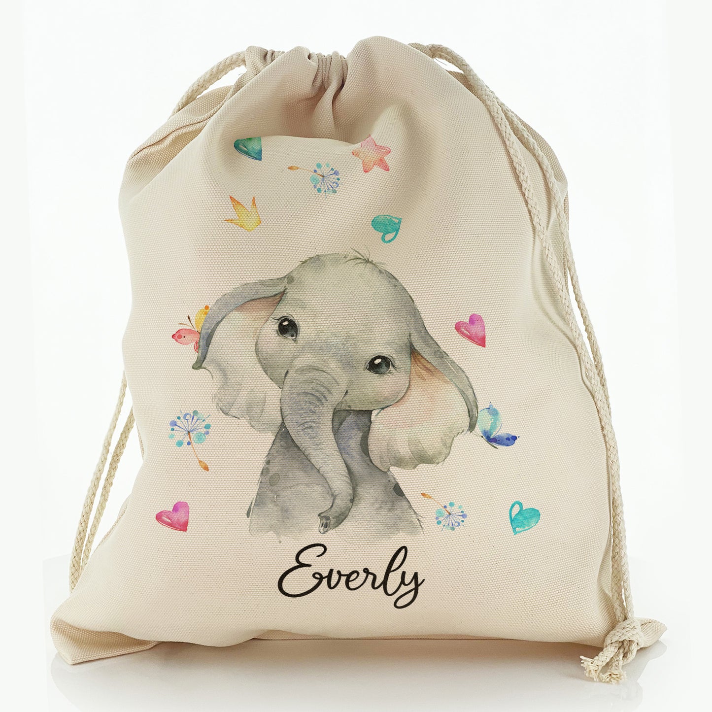 Personalised Canvas Sack with Grey Elephant with Hearts Stars Crowns Butterfly and Cute Text