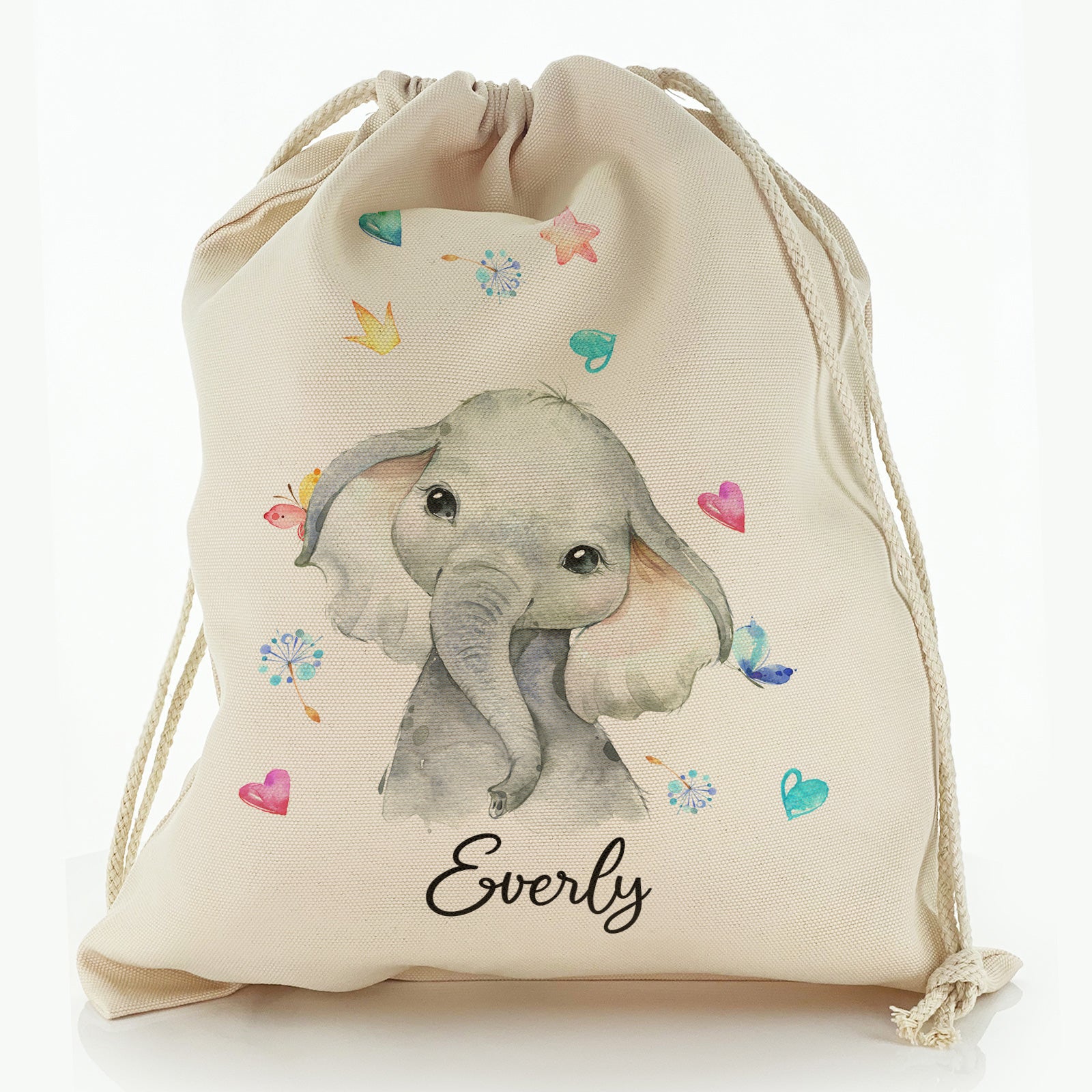 Personalised Canvas Sack with Grey Elephant with Hearts Stars Crowns Butterfly and Cute Text