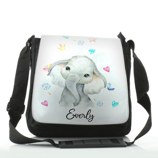 Personalised Shoulder Bag with Grey Elephant with Hearts Stars Crowns Butterfly and Cute Text