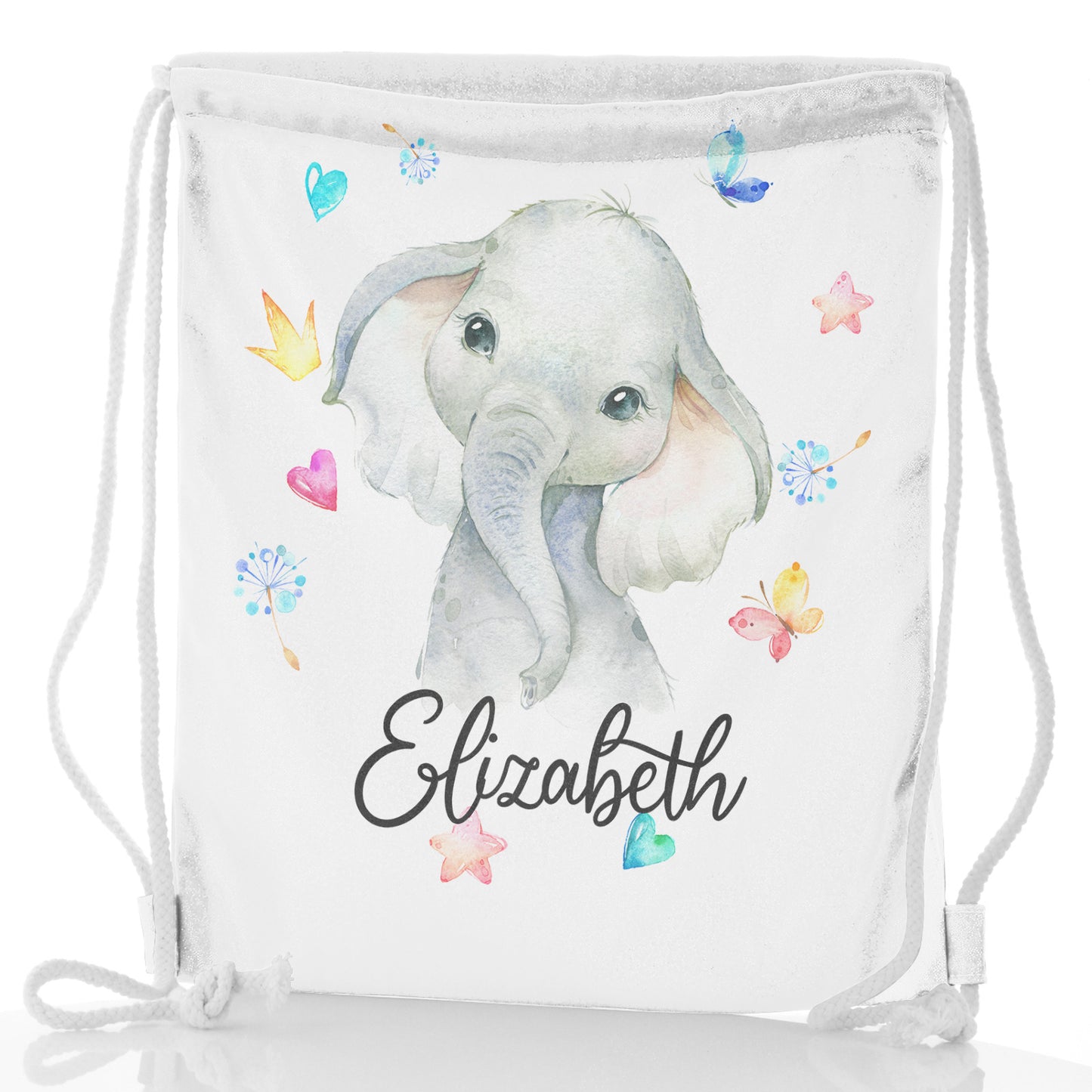 Personalised Glitter Drawstring Backpack with Grey Elephant with Hearts Stars Crowns Butterfly and Cute Text