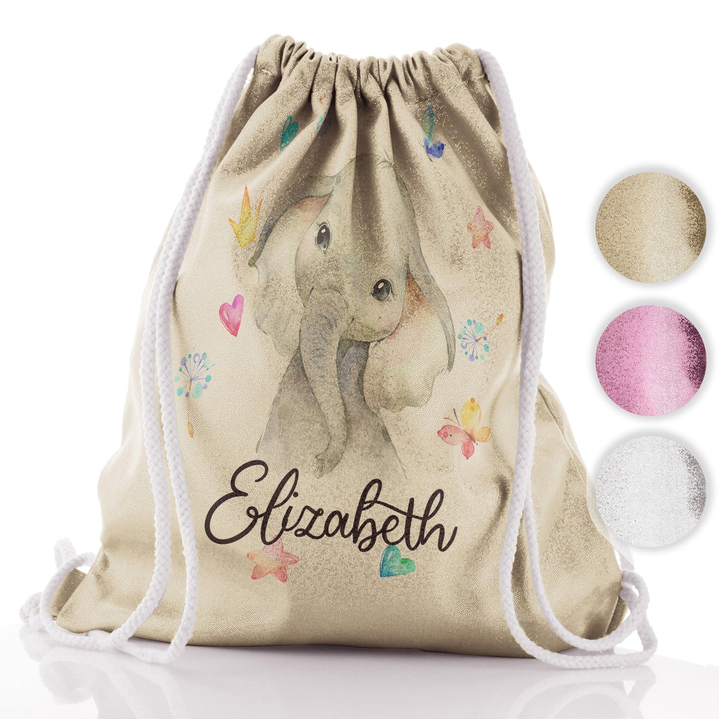Personalised Glitter Drawstring Backpack with Grey Elephant with Hearts Stars Crowns Butterfly and Cute Text