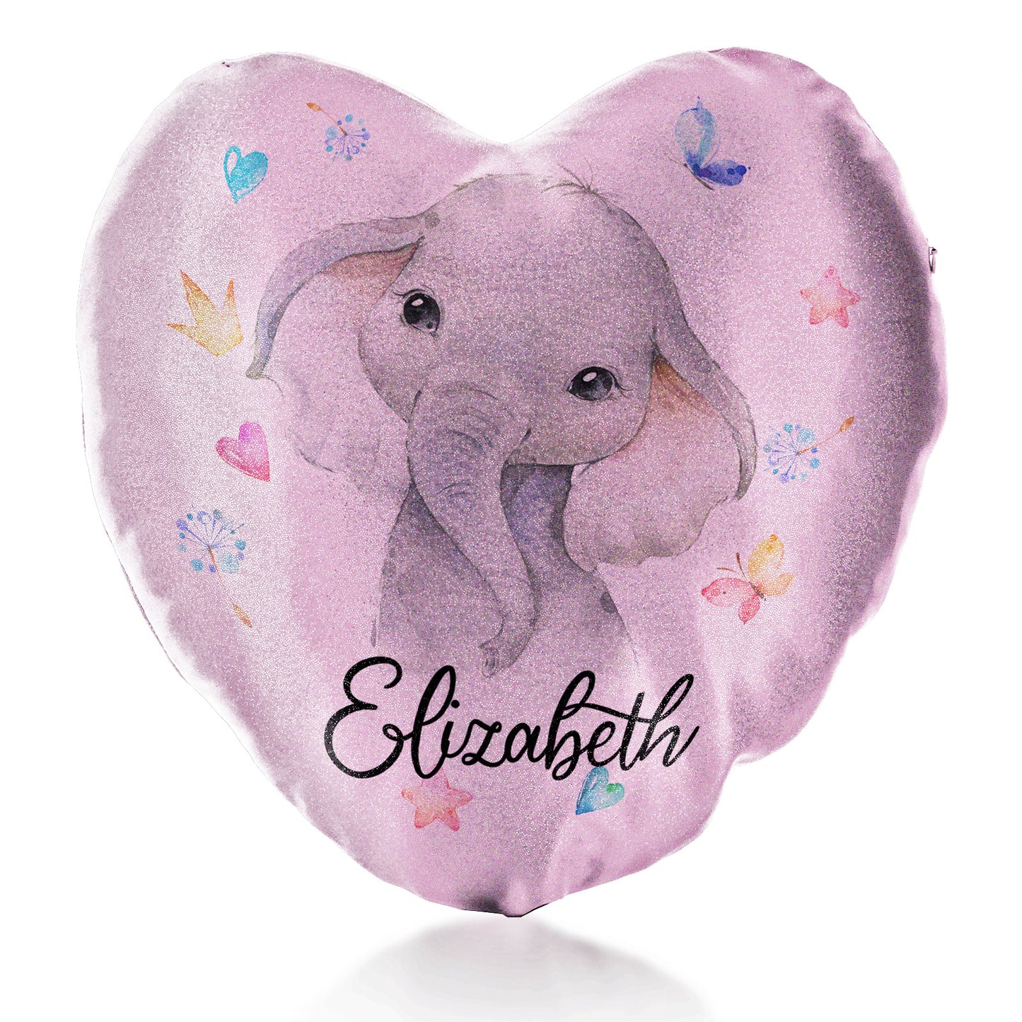 Personalised Glitter Heart Cushion with Grey Elephant with Hearts Stars Crowns Butterfly and Cute Text